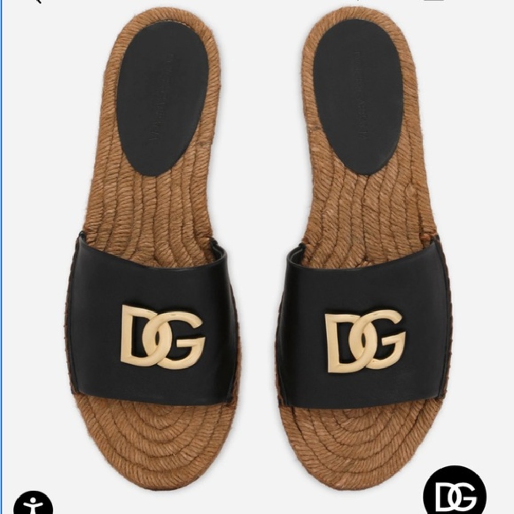 Dolce & Gabbana Nappa Leather Espadrille Sliders with DG Logo Black Size 40 NWOB